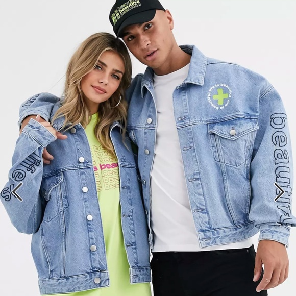 ASOS Other - ASOS “LIFE IS BEAUTIFUL” unisex oversized denim jacket with all over print - NWT